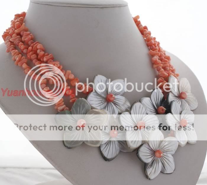 2010 NEW Pink Branch Coral White Shell Flower Necklace  